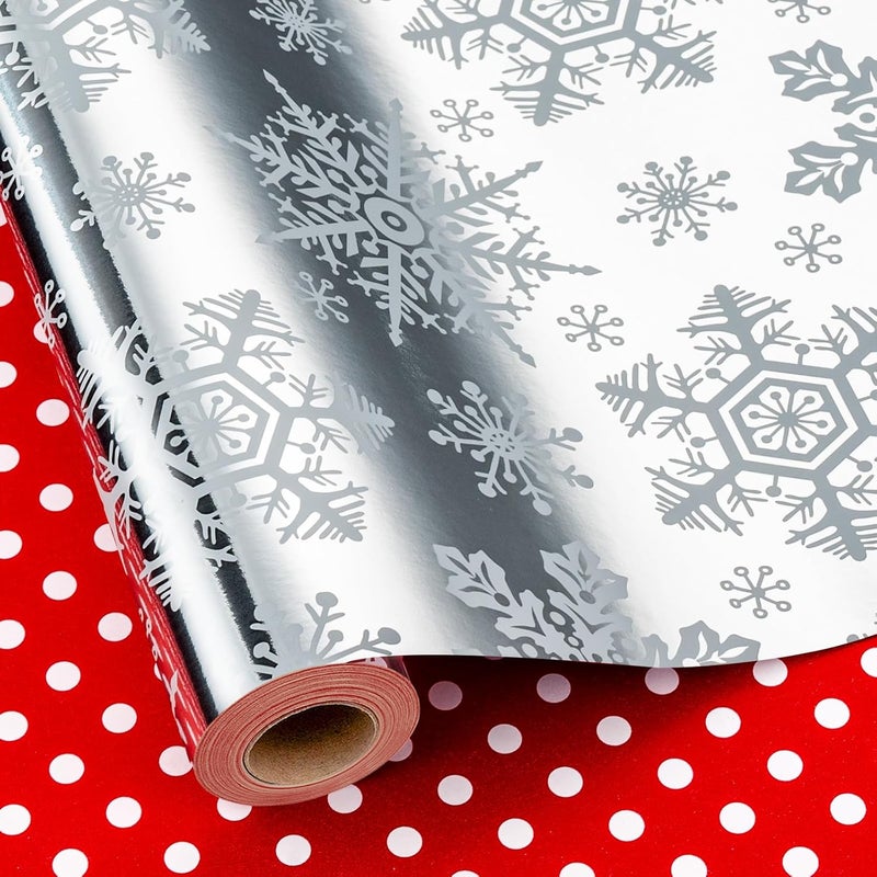 Yarcony Reversible Christmas Wrapping Paper, Silver Snowflakes Wrapping Paper, Minimalist Festive Winter Snowflake Christmas Gift Wrap w/Glossy Foil-Like Shine for Holiday Presents (17 Inch X 33 Feet) - Image 1